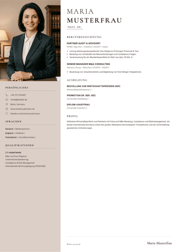 Elegant Lebenslauf Vorlage — klassisches warmes Design für professionelle Bewerbungen
